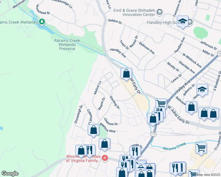 map of restaurants, bars, coffee shops, grocery stores, and more near 1831 Tilghman Lane in Winchester