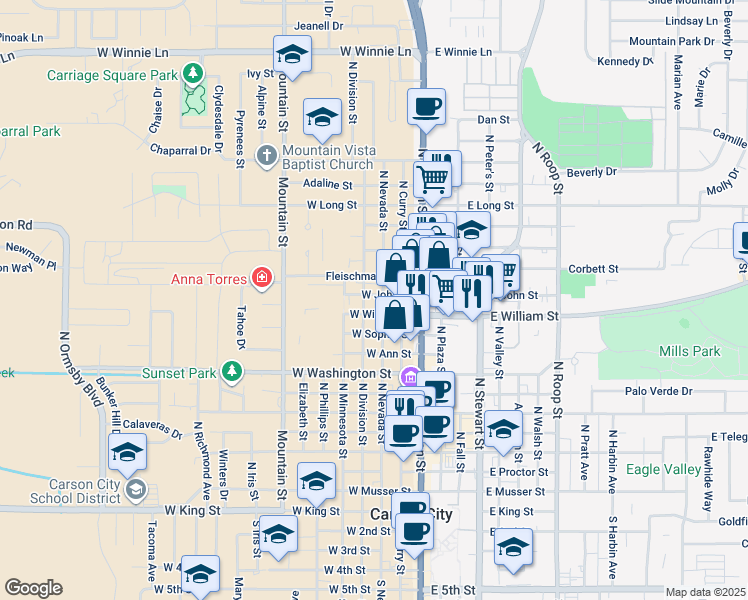 map of restaurants, bars, coffee shops, grocery stores, and more near 1177 N Division St in Carson City