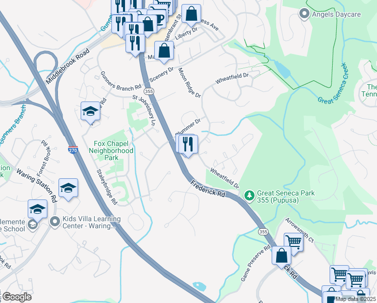 map of restaurants, bars, coffee shops, grocery stores, and more near 19215 Frederick Road in Germantown