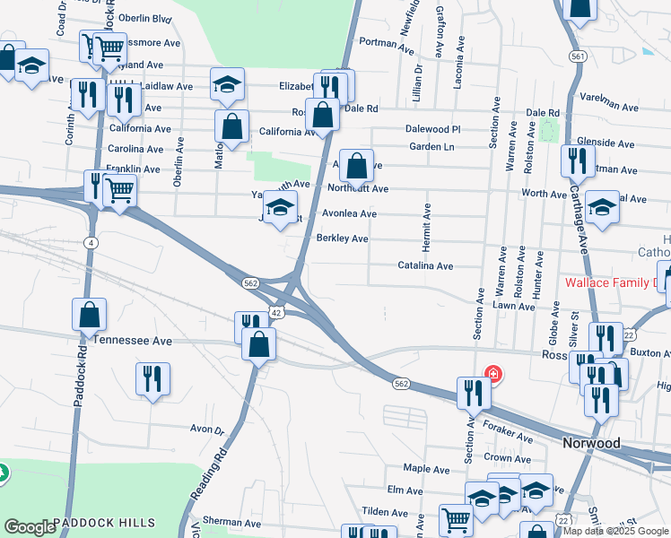 map of restaurants, bars, coffee shops, grocery stores, and more near 1735 Catalina Avenue in Cincinnati