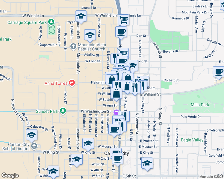 map of restaurants, bars, coffee shops, grocery stores, and more near 1111 North Carson Street in Carson City