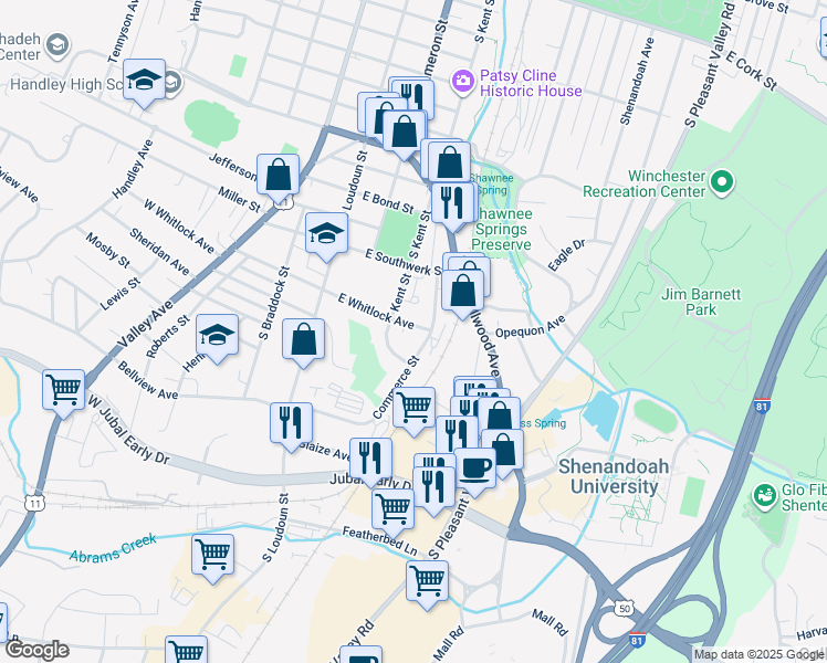map of restaurants, bars, coffee shops, grocery stores, and more near 229 East Whitlock Avenue in Winchester