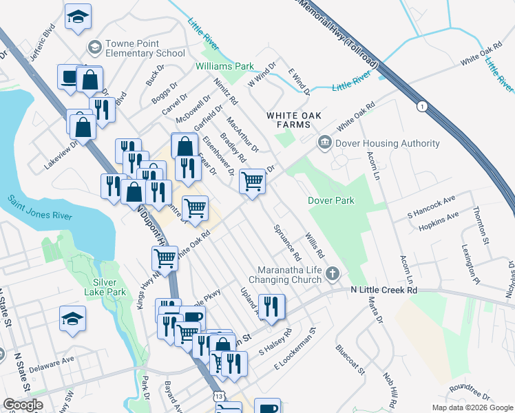 map of restaurants, bars, coffee shops, grocery stores, and more near 166 Spruance Road in Dover
