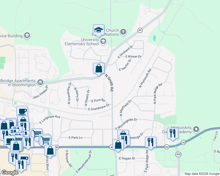 map of restaurants, bars, coffee shops, grocery stores, and more near 800 North Smith Road in Bloomington