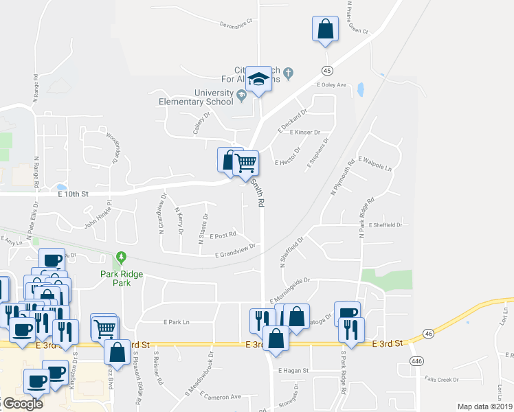 map of restaurants, bars, coffee shops, grocery stores, and more near 800 North Smith Road in Bloomington