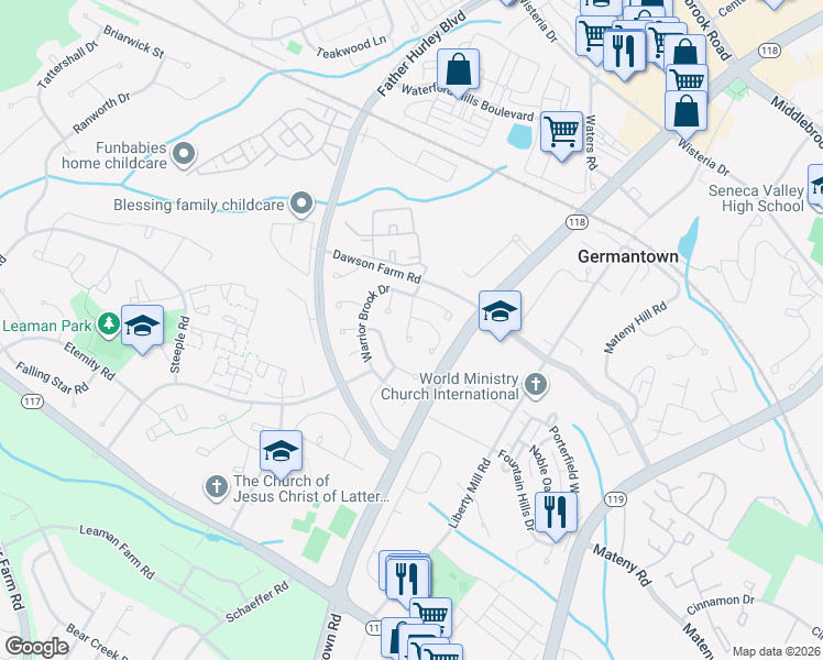 map of restaurants, bars, coffee shops, grocery stores, and more near 19213 Tilford Way in Germantown