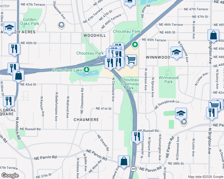 map of restaurants, bars, coffee shops, grocery stores, and more near 3724 Northeast 42nd Terrace in Kansas City