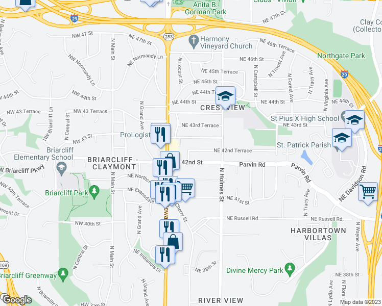 map of restaurants, bars, coffee shops, grocery stores, and more near 513 Northeast 42nd Terrace in Kansas City