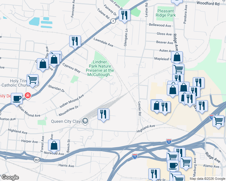 map of restaurants, bars, coffee shops, grocery stores, and more near 2846 Cypress Way in Cincinnati