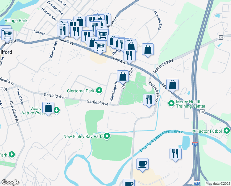 map of restaurants, bars, coffee shops, grocery stores, and more near 16 Winnebago Dr in Milford