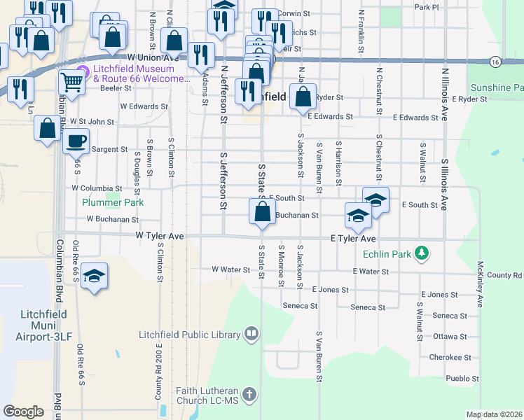 map of restaurants, bars, coffee shops, grocery stores, and more near 616 South State Street in Litchfield