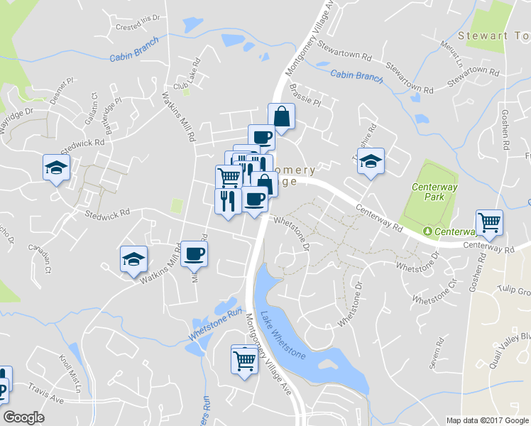 map of restaurants, bars, coffee shops, grocery stores, and more near 19204 Montgomery Village Ave in Montgomery Village