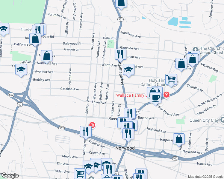 map of restaurants, bars, coffee shops, grocery stores, and more near 5243 Globe Avenue in Cincinnati