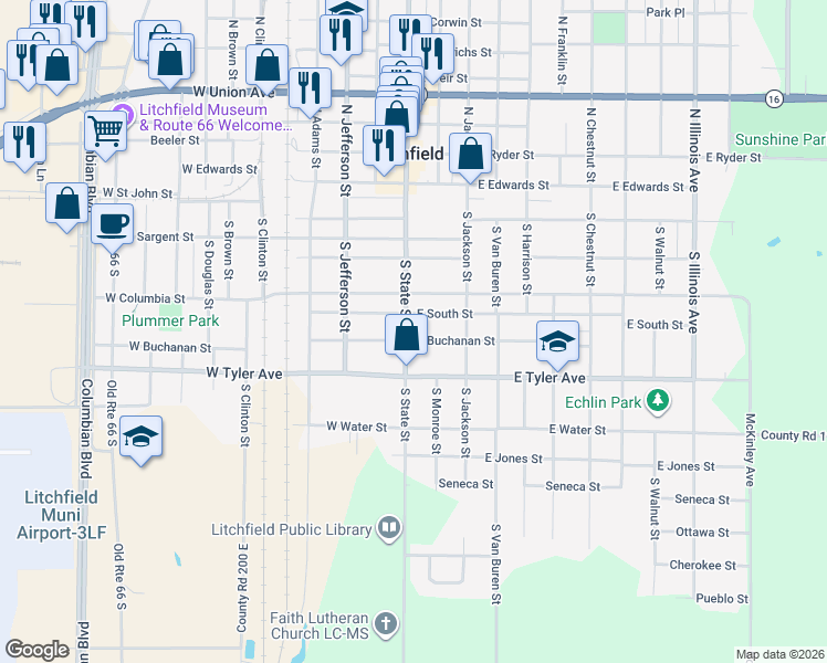 map of restaurants, bars, coffee shops, grocery stores, and more near 616 South State Street in Litchfield