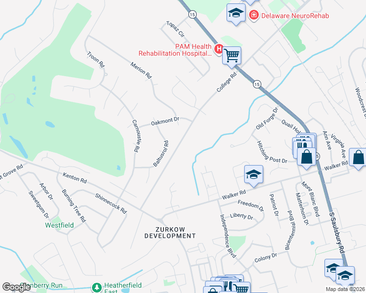 map of restaurants, bars, coffee shops, grocery stores, and more near 1362 College Road in Dover