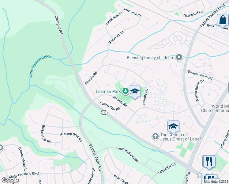 map of restaurants, bars, coffee shops, grocery stores, and more near 18905 Moonwalk Court in Germantown
