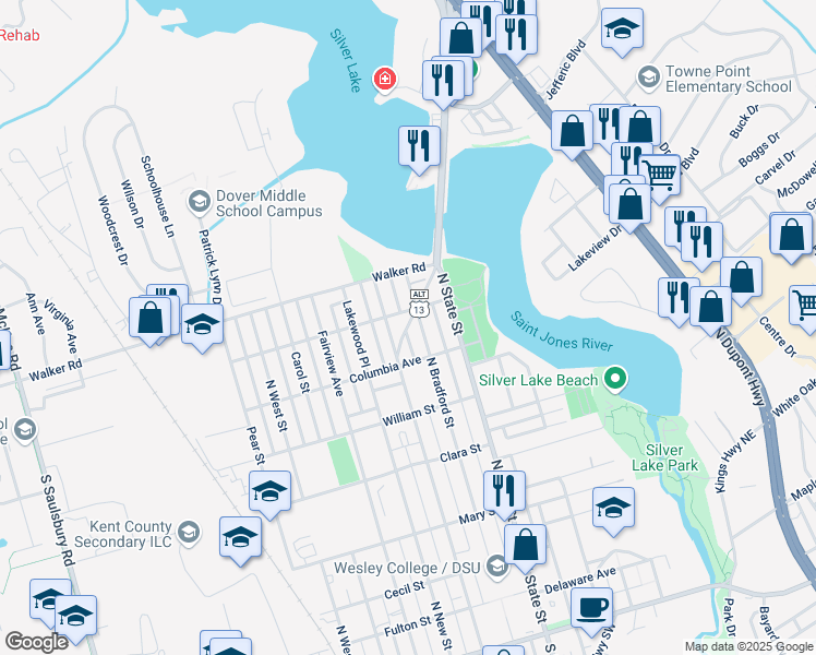map of restaurants, bars, coffee shops, grocery stores, and more near 645 North Governors Avenue in Dover