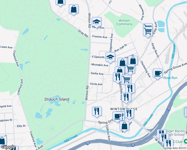 map of restaurants, bars, coffee shops, grocery stores, and more near 757 Derby Ave in Cincinnati