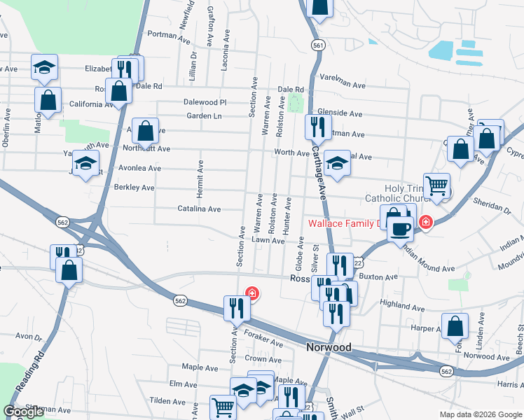map of restaurants, bars, coffee shops, grocery stores, and more near 5239 Warren Avenue in Cincinnati