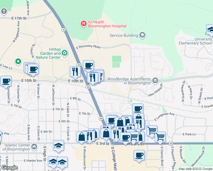 map of restaurants, bars, coffee shops, grocery stores, and more near 2716 East 10th Street in Bloomington