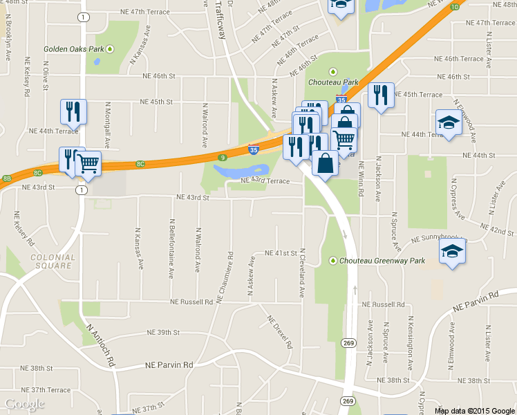 map of restaurants, bars, coffee shops, grocery stores, and more near 3616 Northeast 42nd Terrace in Kansas City