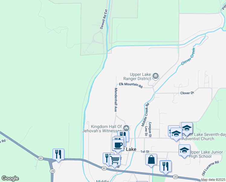 map of restaurants, bars, coffee shops, grocery stores, and more near 9945 Elk Mountain Road in Upper Lake