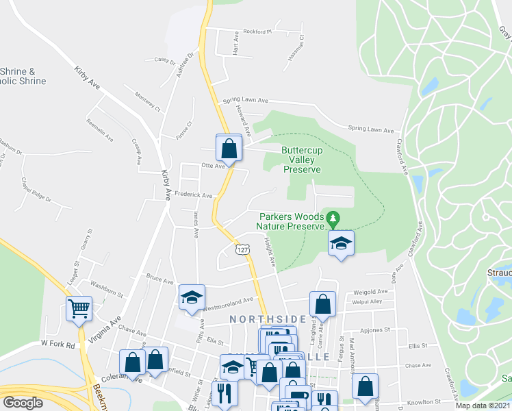 map of restaurants, bars, coffee shops, grocery stores, and more near 1616 Glen Parker Avenue in Cincinnati