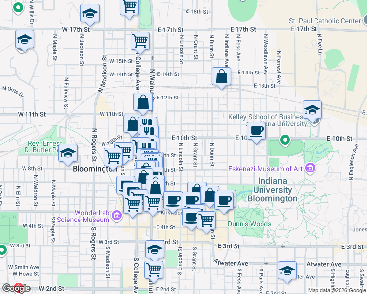 map of restaurants, bars, coffee shops, grocery stores, and more near 515 North Grant Street in Bloomington