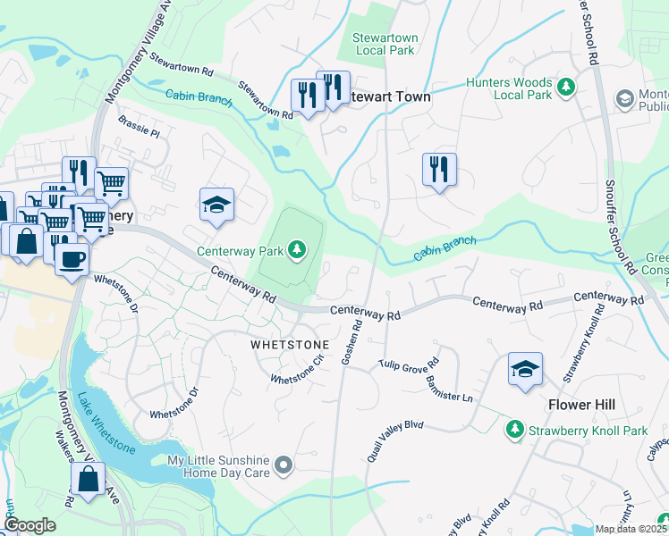 map of restaurants, bars, coffee shops, grocery stores, and more near 19133 Broadwater Way in Gaithersburg