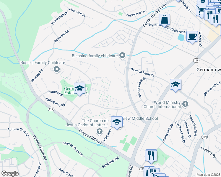 map of restaurants, bars, coffee shops, grocery stores, and more near 19049 Highstream Drive in Germantown