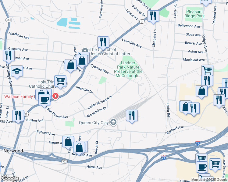 map of restaurants, bars, coffee shops, grocery stores, and more near 5331 Indian Mound Avenue in Cincinnati