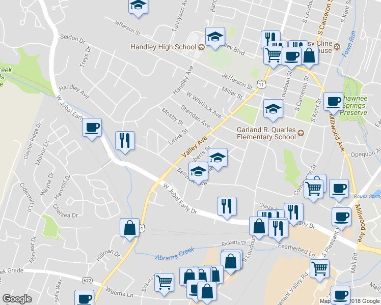 map of restaurants, bars, coffee shops, grocery stores, and more near 1650 U.S. 11 in Winchester