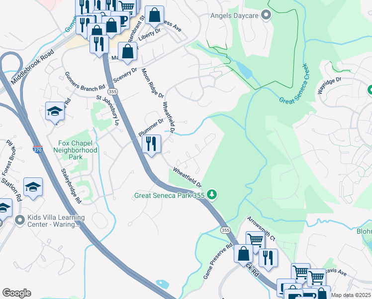 map of restaurants, bars, coffee shops, grocery stores, and more near 11223 White Barn Court in Gaithersburg