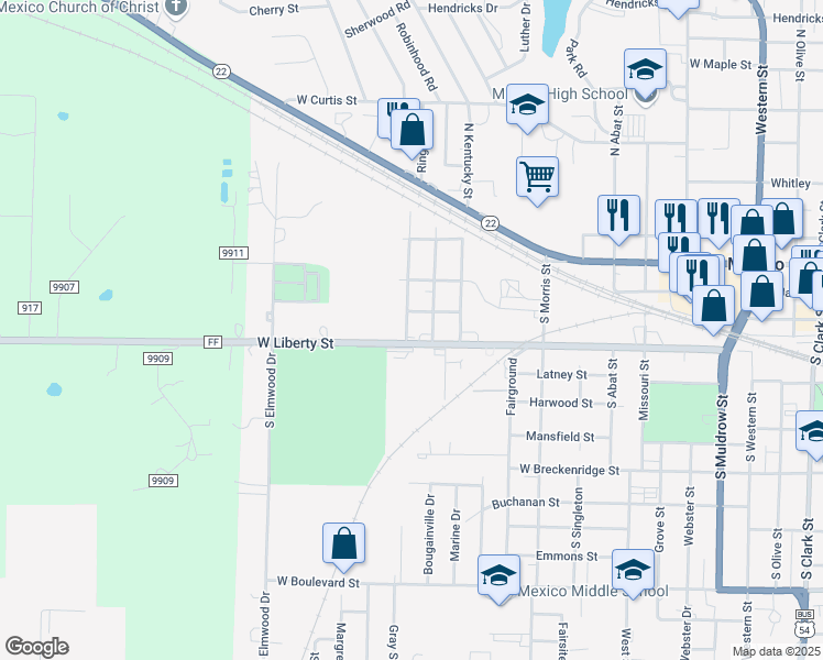 map of restaurants, bars, coffee shops, grocery stores, and more near 214 South Mississippi Street in Mexico