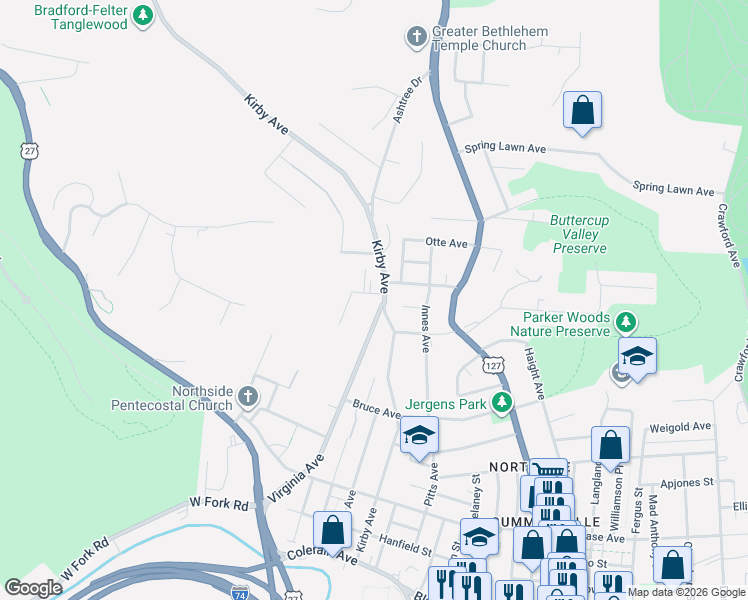 map of restaurants, bars, coffee shops, grocery stores, and more near 1705 Martha Avenue in Cincinnati
