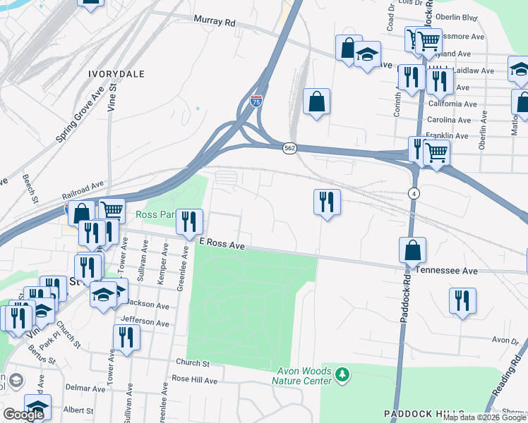 map of restaurants, bars, coffee shops, grocery stores, and more near 5139 Kieley Place in Saint Bernard