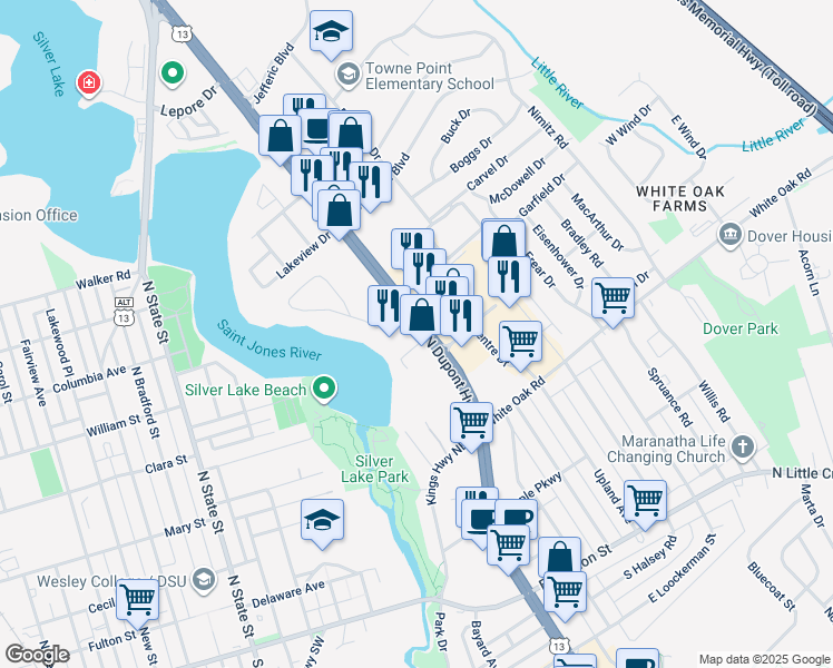 map of restaurants, bars, coffee shops, grocery stores, and more near 318 U.S. 13 in Dover