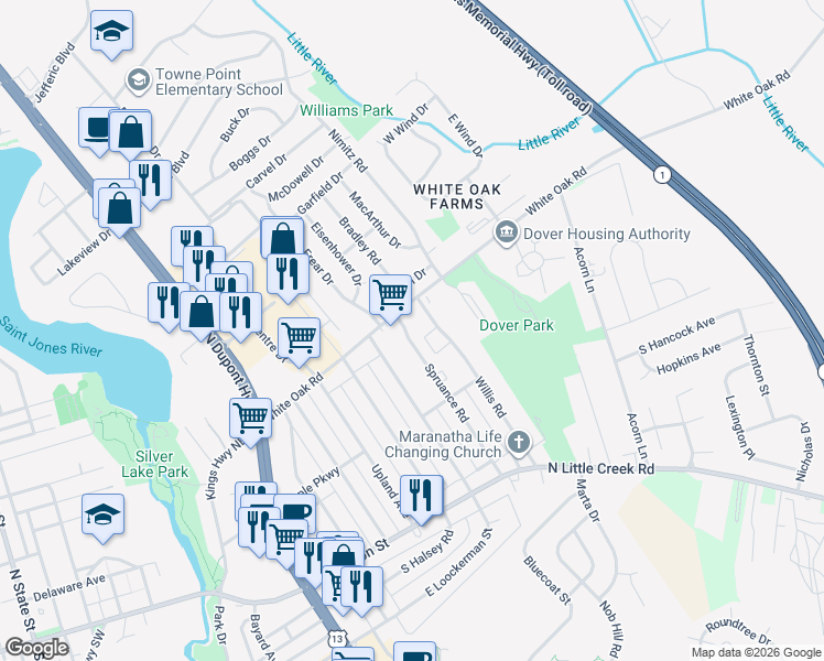 map of restaurants, bars, coffee shops, grocery stores, and more near 166 Spruance Road in Dover