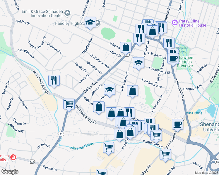 map of restaurants, bars, coffee shops, grocery stores, and more near 1623 Henry Avenue in Winchester