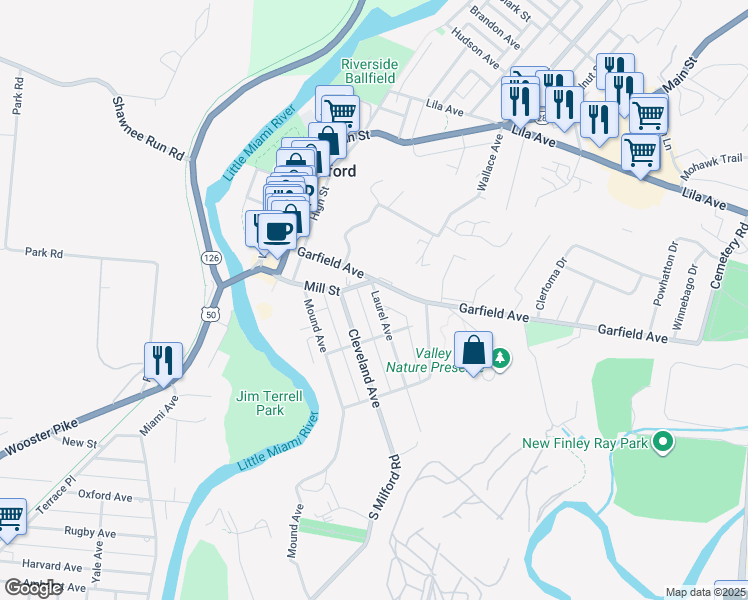 map of restaurants, bars, coffee shops, grocery stores, and more near 17 Laurel Avenue in Milford