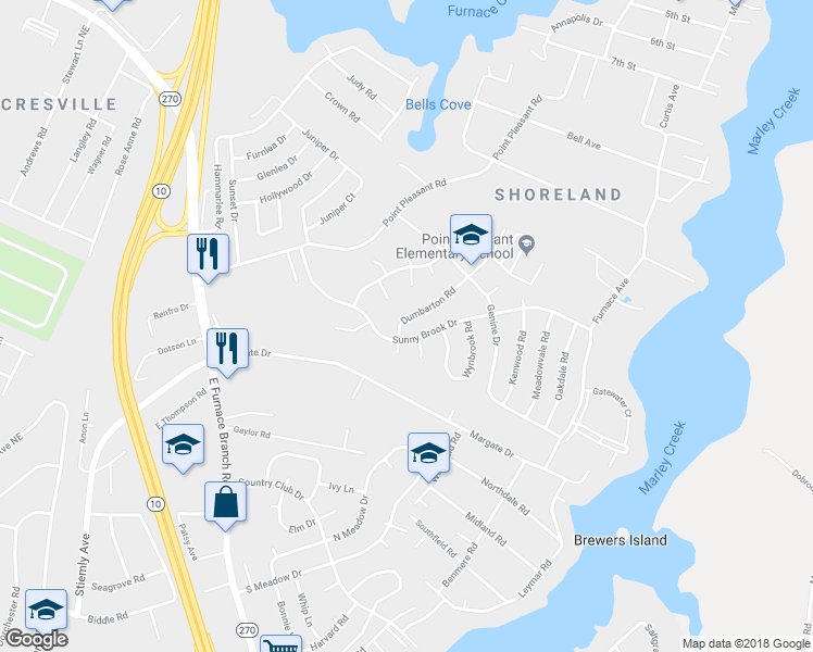 map of restaurants, bars, coffee shops, grocery stores, and more near 1003 Dumbarton Road in Glen Burnie