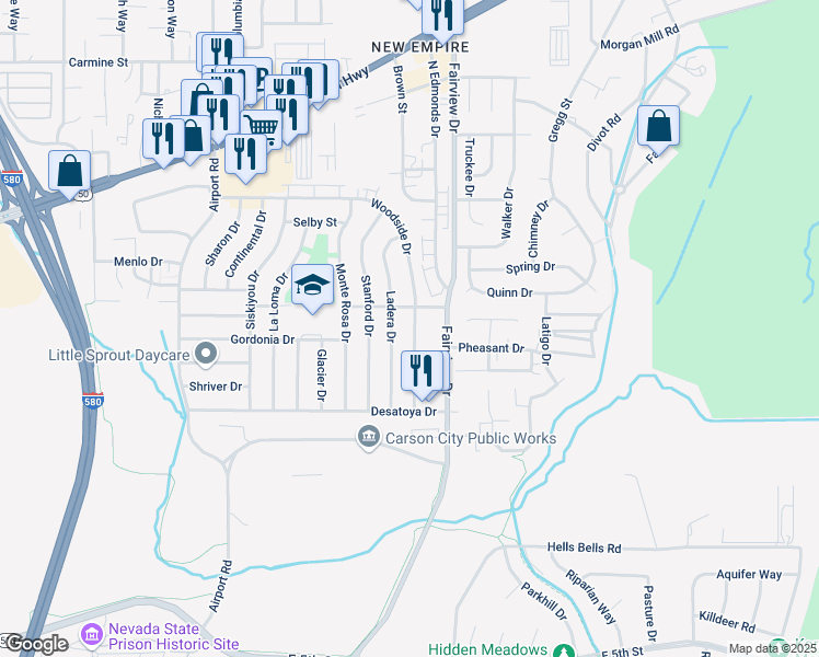 map of restaurants, bars, coffee shops, grocery stores, and more near 1237 Woodside Drive in Carson City