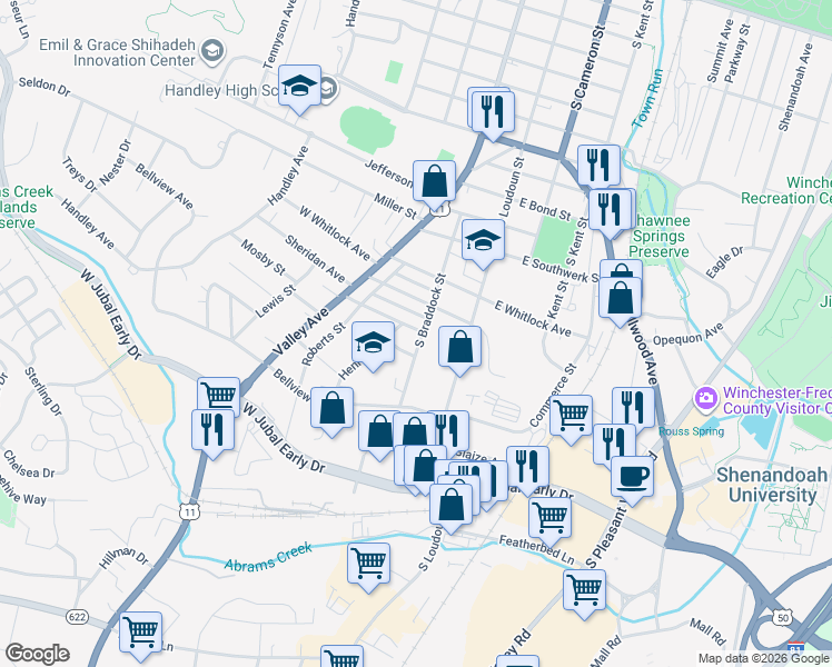 map of restaurants, bars, coffee shops, grocery stores, and more near 101 Lambden Avenue in Winchester