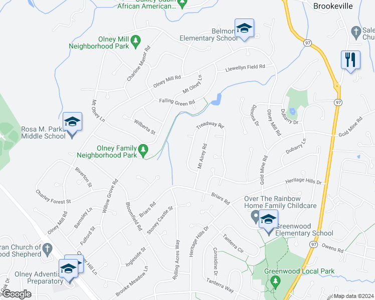 map of restaurants, bars, coffee shops, grocery stores, and more near 19409 Treadway Road in Brookeville