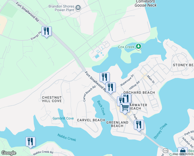 map of restaurants, bars, coffee shops, grocery stores, and more near 7947 Fort Smallwood Road in Baltimore