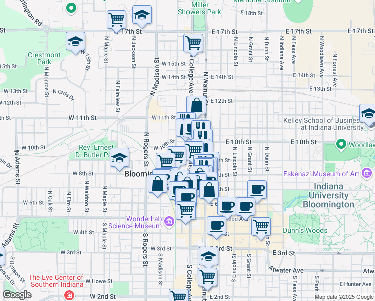 map of restaurants, bars, coffee shops, grocery stores, and more near 519 North College Avenue in Bloomington