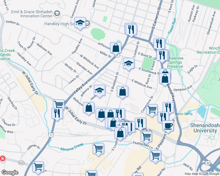 map of restaurants, bars, coffee shops, grocery stores, and more near 101 Lambden Avenue in Winchester