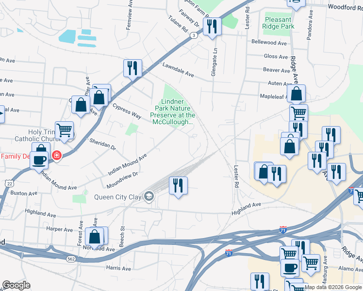 map of restaurants, bars, coffee shops, grocery stores, and more near 5360 Indian Mound Avenue in Cincinnati