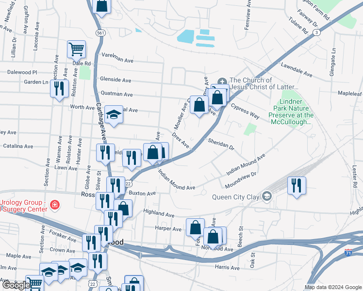 map of restaurants, bars, coffee shops, grocery stores, and more near 5328 Moeller Avenue in Norwood