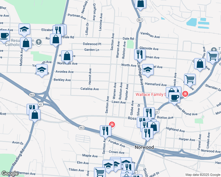 map of restaurants, bars, coffee shops, grocery stores, and more near 5239 Warren Avenue in Cincinnati